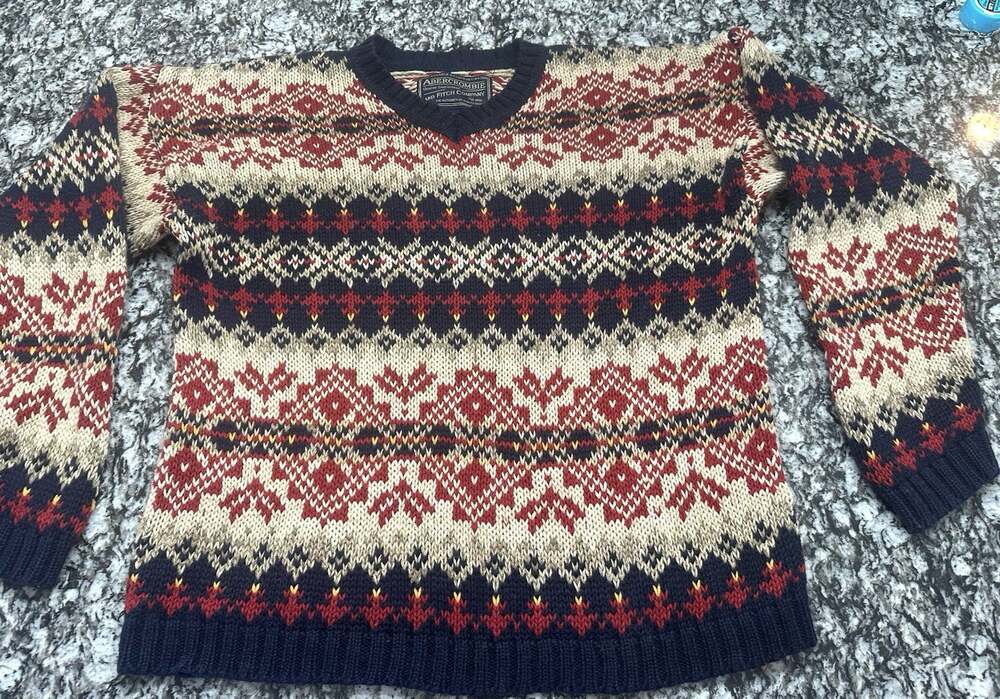Vtg Abercrombie And Fitch Mens Large Fair Isle Crewneck Sweater Ramie Cotton y2k